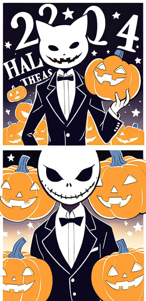 an elegant Jack Skellington a tailored suit and a vampire cape, in one hand he has a sign with the word halloween-2024 and in the other a pumpkin decorated with a telebroda face and on the top a kitten coming out of the head of the pumpkin