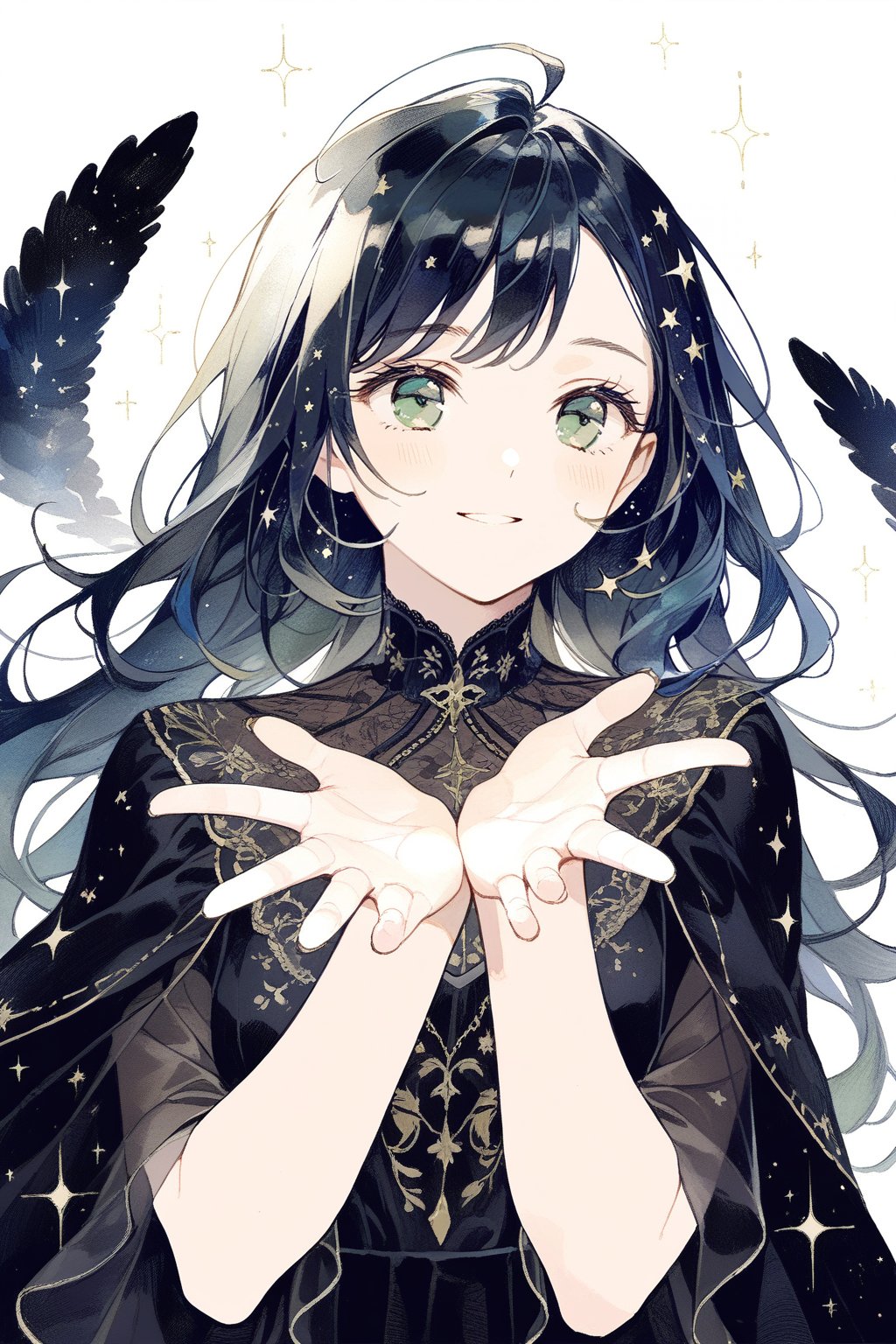 a girl with long dark blue hair with Latin features in her twenties with deep green eyes with a soft smile in a beautifully decorated black dress looking up at the stars with one of her hands outstretched to them, seraphic , upper body, looking away, masterpiece,  best quality,  aesthetic