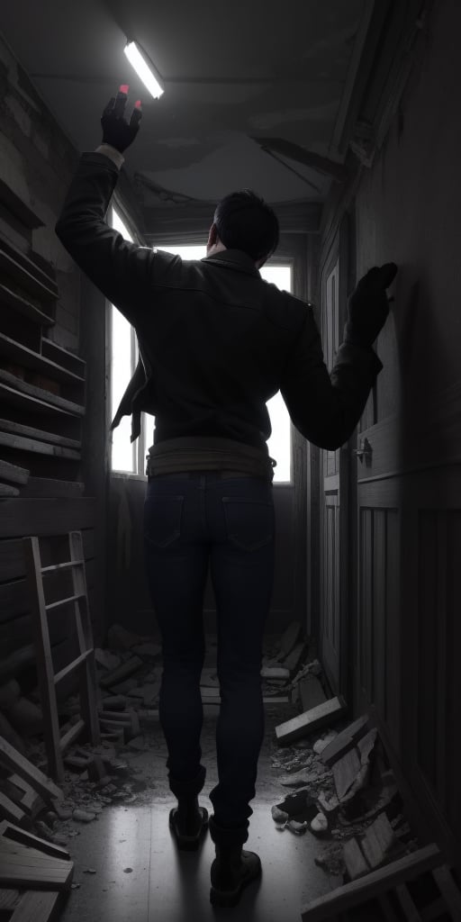 a man, thin, short black hair, holding a lamp, jeans, tennis shoes, leather jacket, with his back turned, looking at an abandoned building, ghosts, terror, A dimly lit, abandoned cartoon studio, once filled with vibrant colors and laughter, now stands as a haunting monument to forgotten dreams. Among the dusty rubble, a twisted, ink-covered version of Bendy emerges from the shadows, his disproportionate limbs resembling grasping tentacles, his white bow-like gloves now stained by a dark liquid. The boy's face, a grotesque parody of innocence, twists into a malevolent smile as he stands in the dark corners, a monstrous guardian of the secrets of forgotten study. 