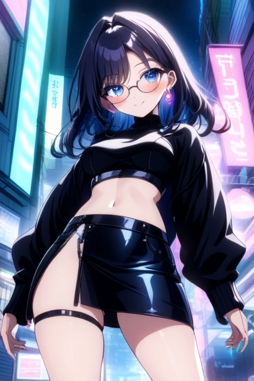 city,cyberpunk,(streetscape:1.1),(neons:1.2),ray tracing,street,night view, 1girl, black long hair, short skirt,  looking at viewer, thigh up body, earings, blush, outline, 2D manga artstyle, smile, Glasses
,  pisces, catwalk,Anitoon2,Black