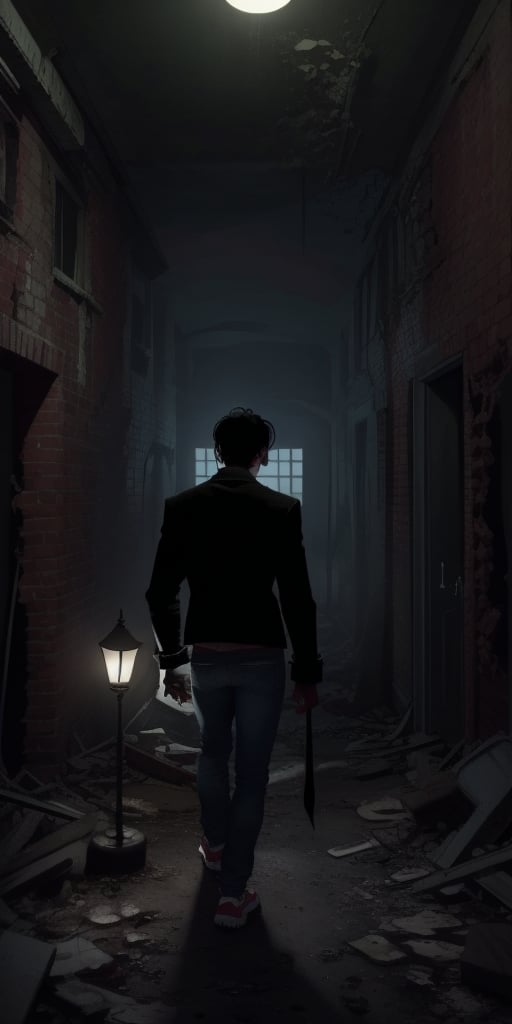 a man, thin, short black hair, holding a lamp, jeans, tennis shoes, leather jacket, with his back turned, looking at an abandoned building, ghosts, terror, A dimly lit, abandoned cartoon studio, once filled with vibrant colors and laughter, now stands as a haunting monument to forgotten dreams. Among the dusty rubble, a twisted, ink-covered version of Bendy emerges from the shadows, his disproportionate limbs resembling grasping tentacles, his white bow-like gloves now stained by a dark liquid. The boy's face, a grotesque parody of innocence, twists into a malevolent smile as he stands in the dark corners, a monstrous guardian of the secrets of forgotten study. 