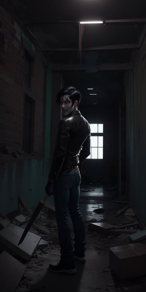 a man, thin, short black hair, holding a lamp, jeans, tennis shoes, leather jacket, with his back turned, looking at an abandoned building, ghosts, terror, A dimly lit, abandoned cartoon studio, once filled with vibrant colors and laughter, now stands as a haunting monument to forgotten dreams. Among the dusty rubble, a twisted, ink-covered version of Bendy emerges from the shadows, his disproportionate limbs resembling grasping tentacles, his white bow-like gloves now stained by a dark liquid. The boy's face, a grotesque parody of innocence, twists into a malevolent smile as he stands in the dark corners, a monstrous guardian of the secrets of forgotten study. 