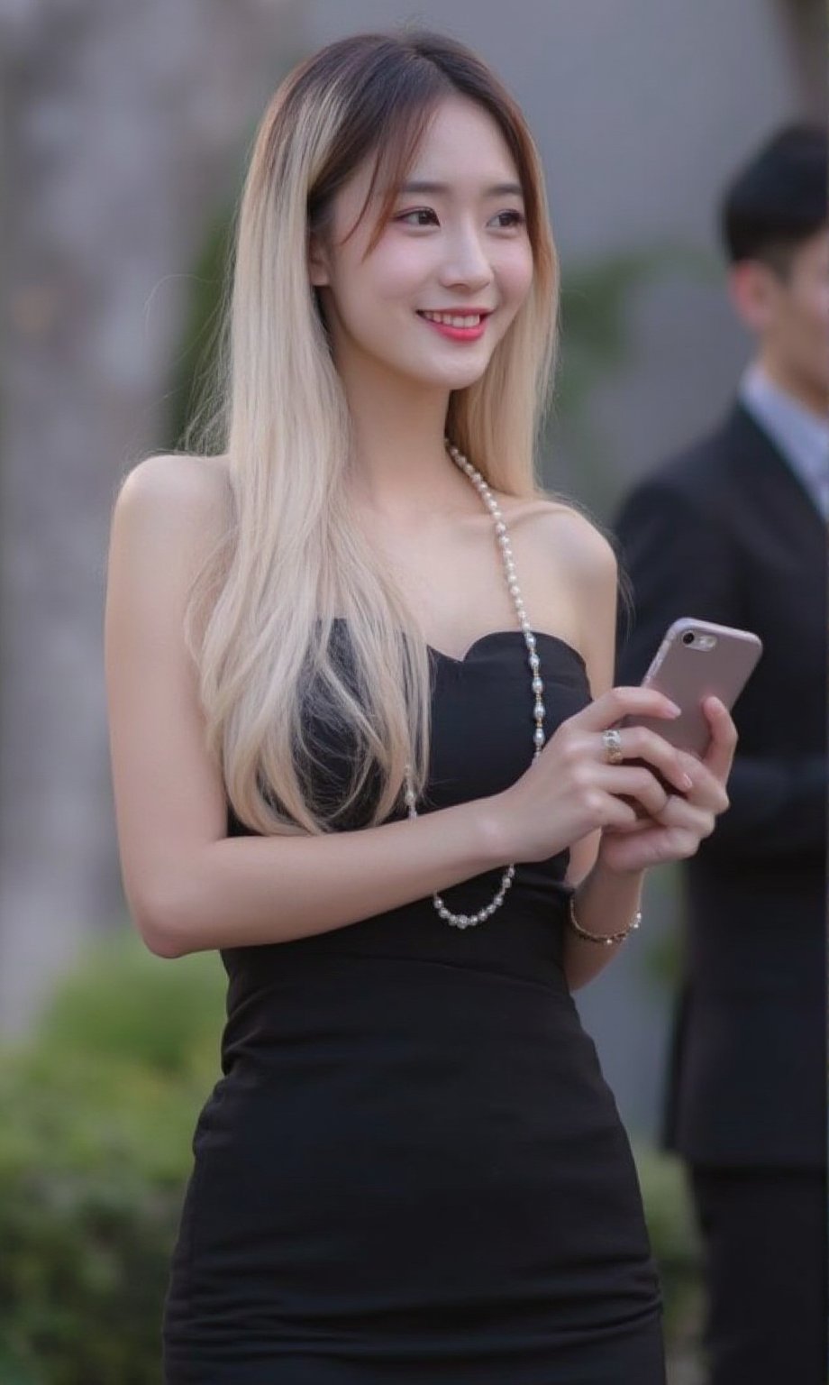 18 year old ,pale skin, a thai woman with long highlight white and darkbrown hair, wearing a slimfit sleeveless black dress adorned with white pearls, is smiling while holding a silver IPhone in her right hand. She is wearing a gold ring on her left hand, adding a touch of touch to her outfit. The background is blurred, suggesting a man in a black suit and dark hair is standing behind her.