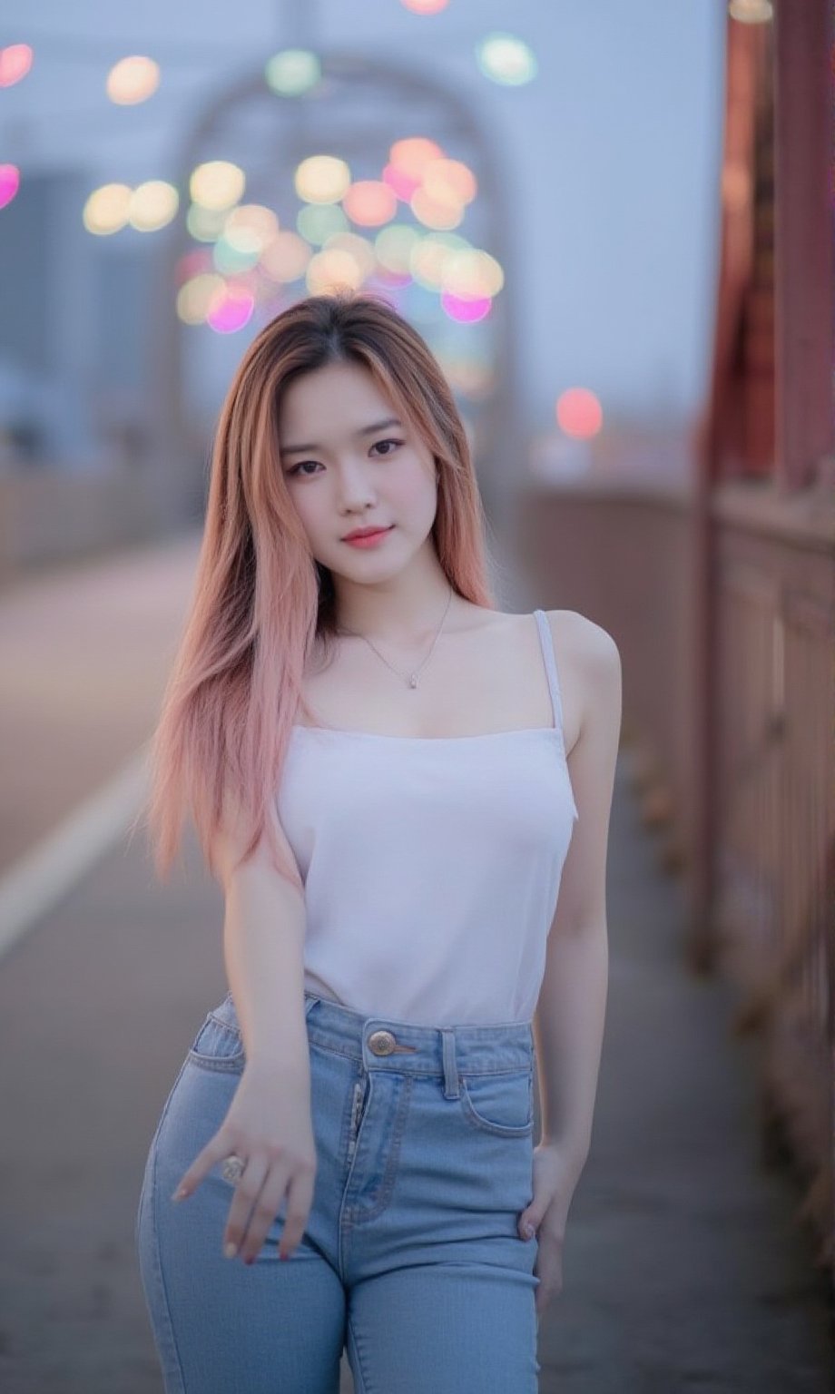 Captured at eye-level, a medium-sized Asian thai woman stands on a bridge,29 year old ,paleskin,her long highlight pink and brown hair cascades over her shoulders. She is wearing a white tank top, and a pair of blue denim jeans. The background of the image is blurred, suggesting a cityscape. The bridge is adorned with a variety of colorful lights, adding a pop of color to the scene.