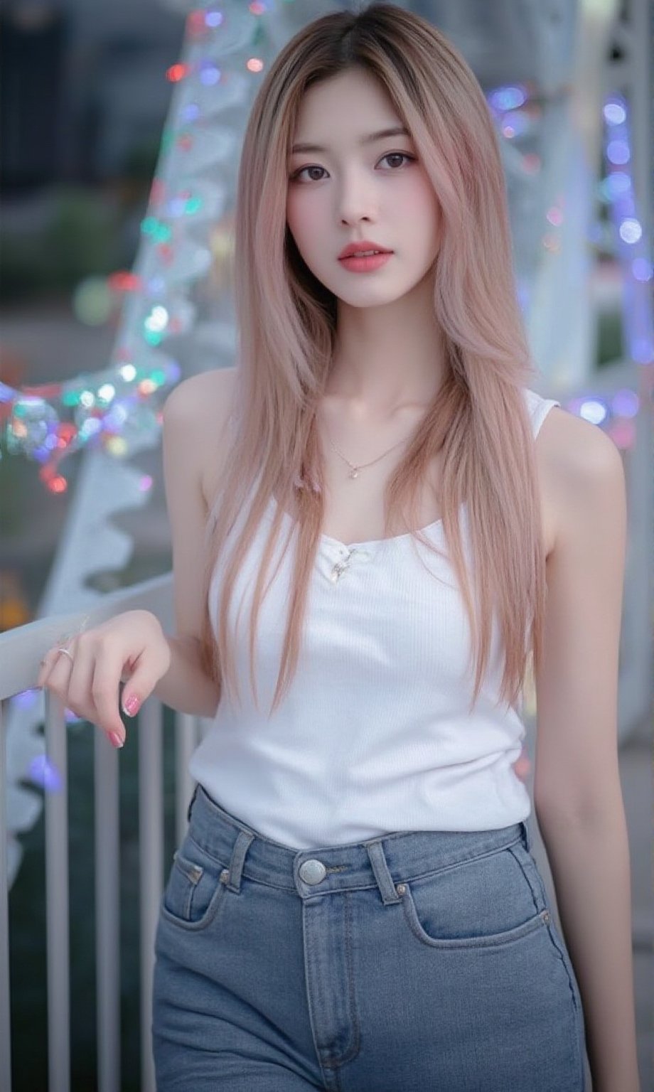 Captured at eye-level, a medium-sized Asian thai woman stands on a bridge,29 year old ,paleskin,her long highlight pink and brown hair cascades over her shoulders. She is wearing a white tank top, and a pair of blue denim jeans. The background of the image is blurred, suggesting a cityscape. The bridge is adorned with a variety of colorful lights, adding a pop of color to the scene.