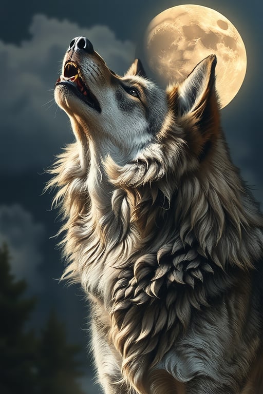 A majestic wolf howling at the moon, bathed in an ethereal glow. Full-body shot, hyper-realistic photorealism in the style of a skilled digital artist. 