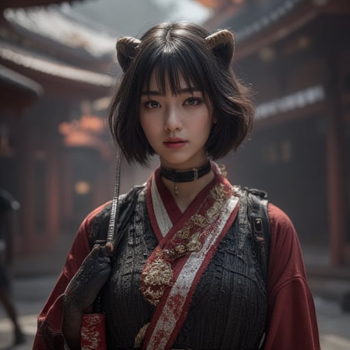 1girl, solo, looking at viewer, short hair, bangs, black hair, red eyes, gloves, long sleeves, jewelry, upper body, weapon, earrings, parted lips, japanese clothes, horns, choker, pointy ears, black gloves, sword, hand up, blunt bangs, fingerless gloves, kimono, nail polish, fingernails, head tilt, mask, katana, sheath, red nails, oni horns, sheathed, oni, weapon on back,HR ,dark colors, dark theme, (autumnal Japanese temple), (hyperrealistic, big depth of field, colors, 3d octane render, 4k trending on, concept art,B0ld01lp41nt,dark theme,charcoal \(medium\),photo_b00ster