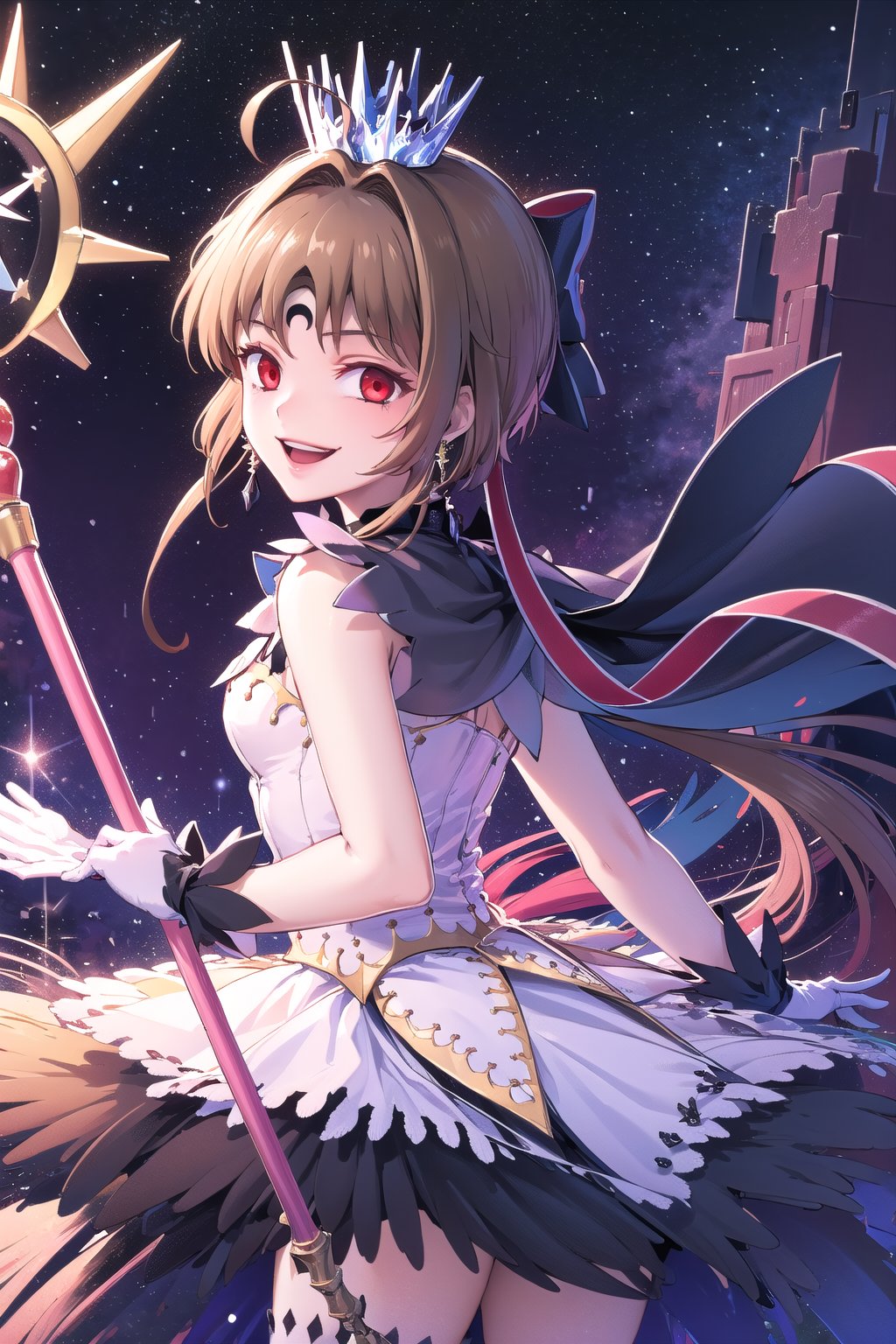 ((masterpiece, best quality)),highres, kinomoto sakura, 1girl, brown hair, short hair, antenna hair, ahoge, crown, red eyes,empty eyes:1.4, white dress, sleeveless, white gloves,(forehead mark, crescent facial mark, black crystal earrings),holding staff,edgGesugao,edgGesugao facial expression,((sadistic smile,evil smile)), cowboy shot, outer space, puffy short sleeves, red headwear, frills, red bow, white thighhighs,look back,from below