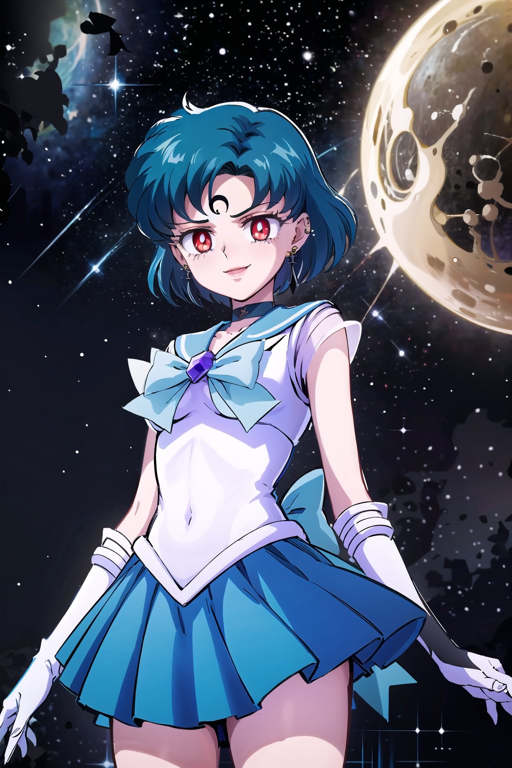 (masterpiece,  best quality),(official art),ultra detailed,1girl,1girl,sailor mercury, blue hair, short hair, red eyes,empty eyes:1.2,((forehead mark, crescent facial mark, black crystal earrings)), bow, choker, sailor collar, skirt,  elbow gloves, knee boots, magical girl, pleated skirt, sailor collar, sailor senshi uniform,(white gloves),cowboy shot,edgGesugao,edgGesugao facial expression,(evil smile),sadistic smile, outer space,from below,looking_at_viewer,upper body,The overall atmosphere is dark and mysterious, with a sense of power and control emanating from her posture.