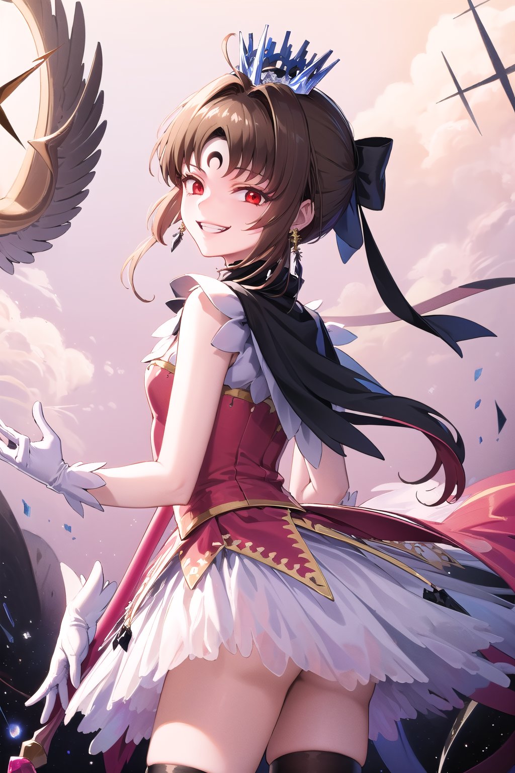 ((masterpiece, best quality)),highres, kinomoto sakura, 1girl, brown hair, short hair, antenna hair, ahoge, crown, red eyes,empty eyes:1.4, white dress, sleeveless, white gloves,((forehead mark, crescent facial mark, black crystal earrings)),holding staff,((edgGesugao,edgGesugao facial expression,sadistic smile,evil smile,grin)), cowboy shot, outer space, puffy short sleeves, red headwear, frills, red bow, white thighhighs,((look back,cowboy shot,from below))