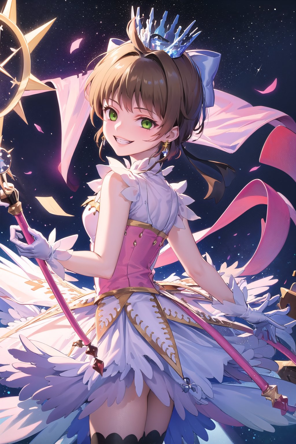 ((masterpiece, best quality)),highres, kinomoto sakura, 1girl, brown hair, short hair, antenna hair, ahoge, crown, green eyes,empty eyes:1.4, white dress, sleeveless, white gloves,(forehead mark, crescent facial mark, black crystal earrings),holding staff,((edgGesugao,edgGesugao facial expression,sadistic smile,evil smile,grin)), cowboy shot, outer space, puffy short sleeves, red headwear, frills, red bow, white thighhighs,look back,cowboy shot,from below