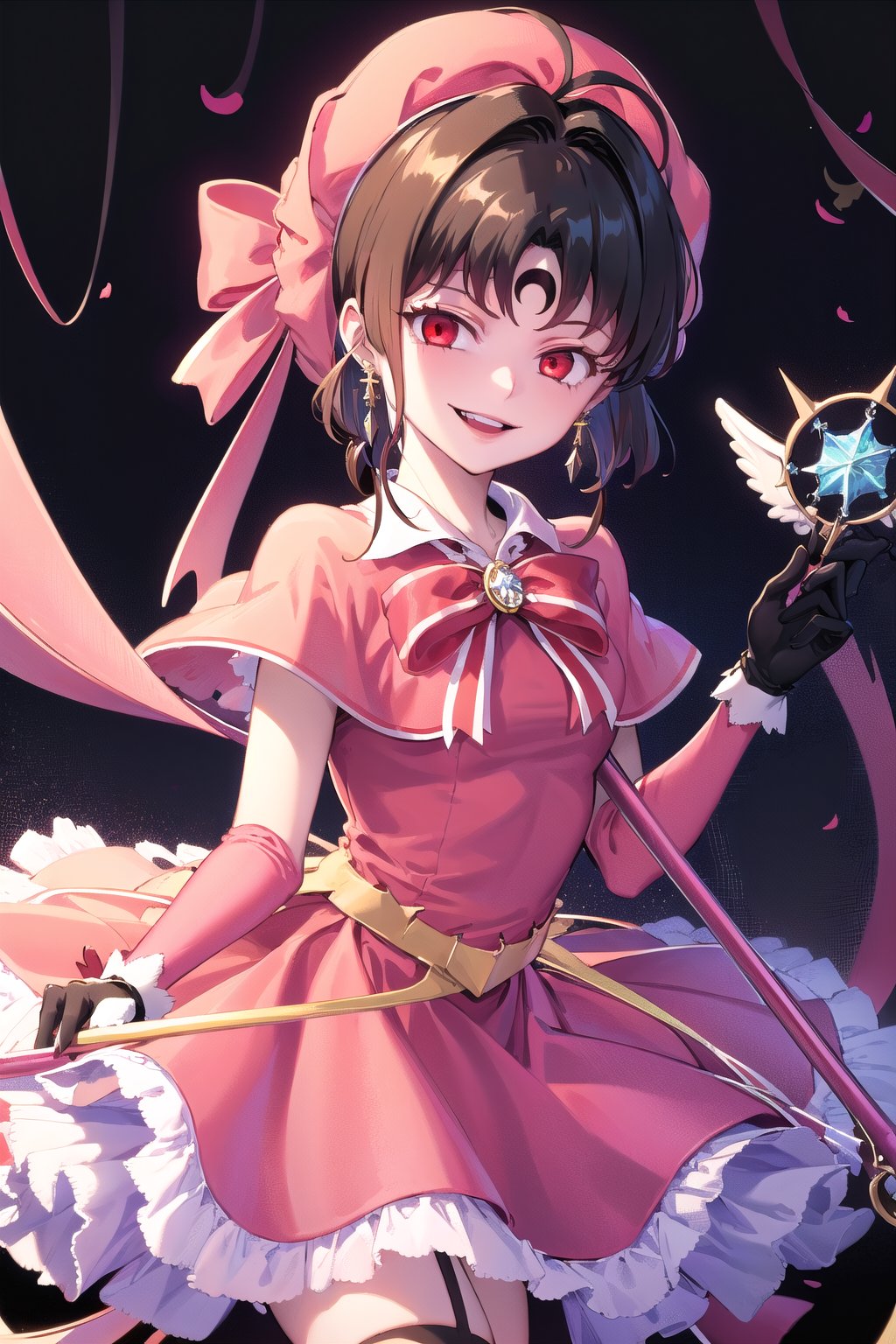 ((masterpiece, best quality)), highres, kinomoto sakura, 1girl, brown hair, short hair, antenna hair, pink headwear,red eyes,empty eyes:1.4, capelet, black wings, striped ribbon, long sleeves, white gloves,holding staff, evil grin,empty eyes:1.4,((forehead mark, crescent facial mark, black crystal earrings)),edgGesugao,edgGesugao facial expression,((sadistic smile,evil smile)),sadistic smile,puffy short sleeves, red headwear, frills, red bow, white thighhighs