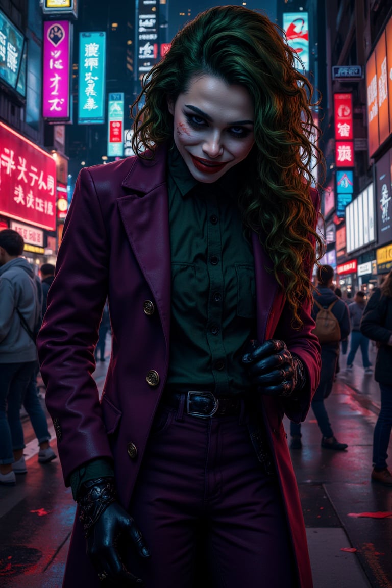 Art of a joker Joker's twisted grin wearing her makeup face, joker face makeup, purple her suit, black glove, red smoke, her green messy long hairstyle, serious badas pose, dark night, neon light city, cyberpunk realistic city background 