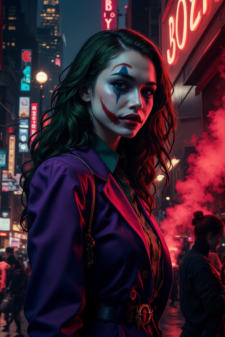 Art of a joker Joker's twisted grin wearing her makeup face, joker face makeup, purple her suit, black glove, red smoke, her green messy long hairstyle, serious badas pose, dark night, neon light city, cyberpunk realistic city background 