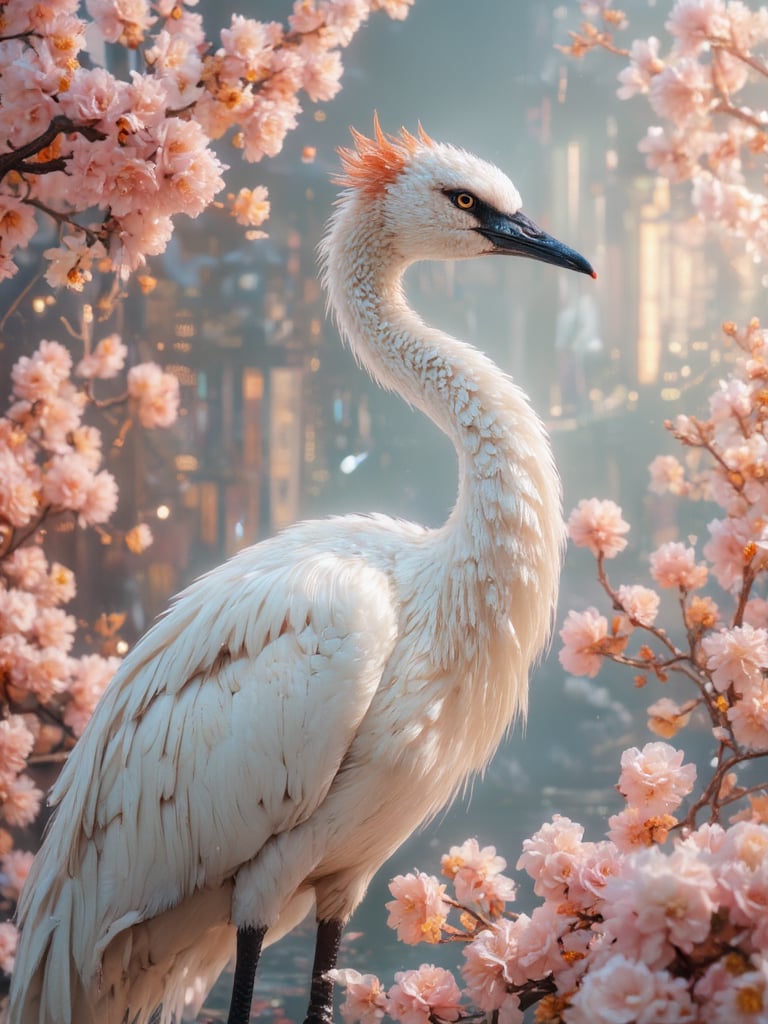 A white crane and white cruve snake.
In the flower background.
Japan.