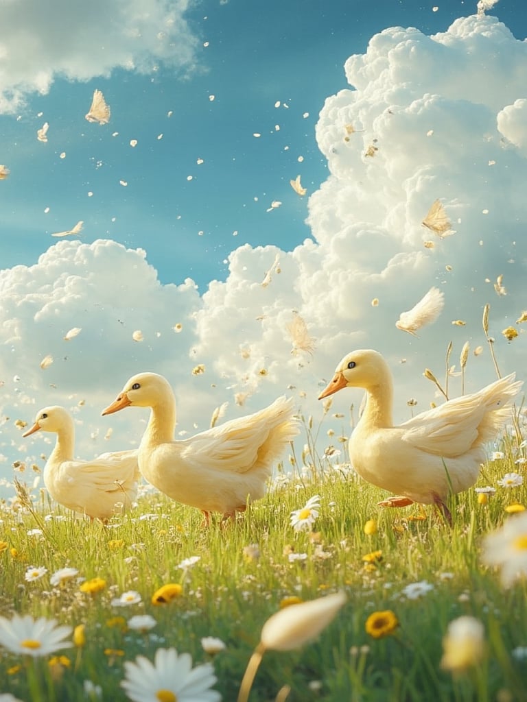 ducks, feathers, 1girl, beautiful, clouds, grass