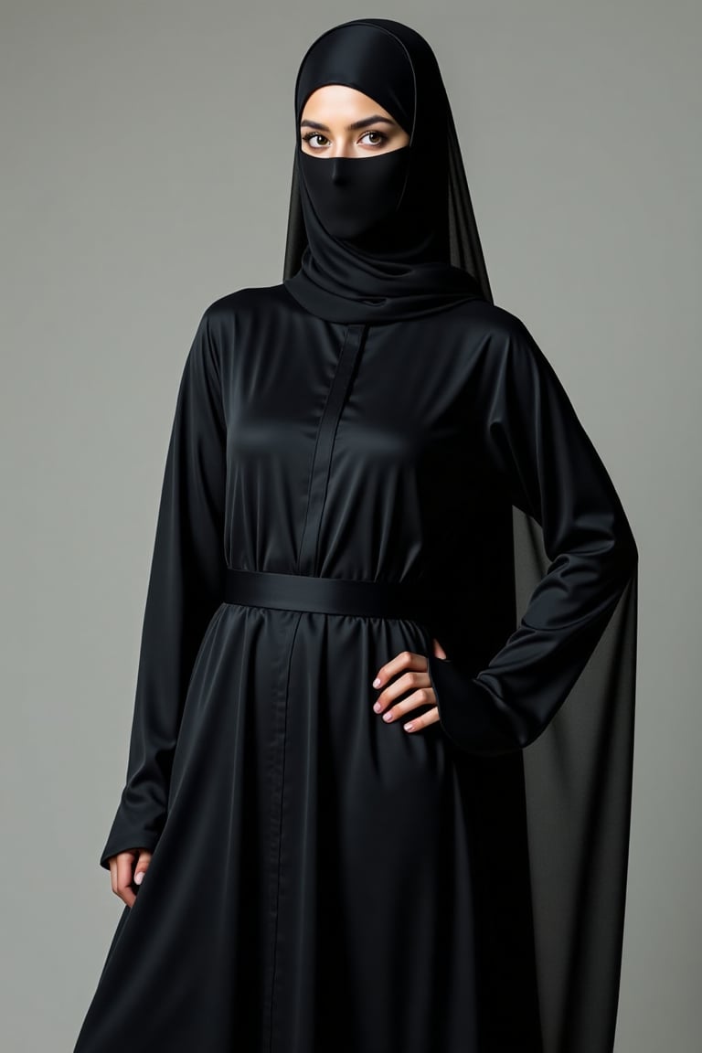 The image features a striking young woman wearing a traditional abaya,  hijab,  and niqab. The abaya flows elegantly by us...