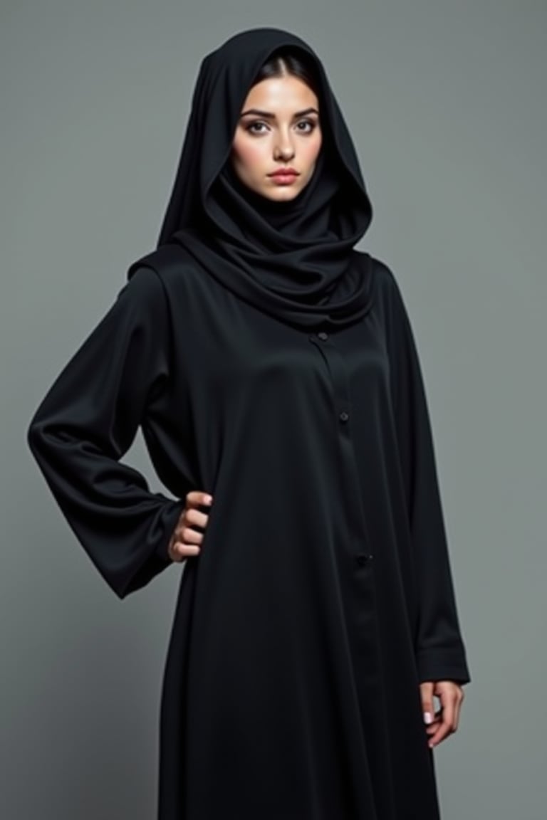 The image features a striking young woman wearing a traditional abaya,  hijab,  and niqab. The abaya flows elegantly by us...