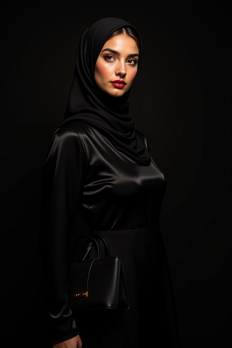 A stunning portrait of a confident beauty posing naturally in front of a sleek black background. Soft golden lighting illu...