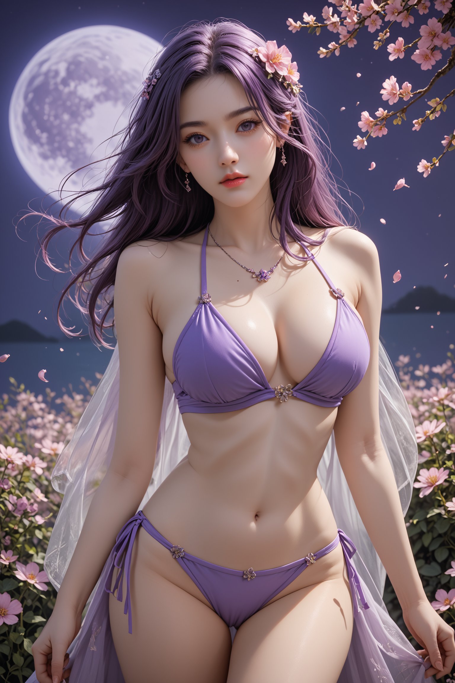 score_9, score_8_up, score_7_up, art, realism, yunxi, long hair, solo, 1 girl, long hair, sexy bikini, night, flower palette, purple hair, falling flowers, purple moon