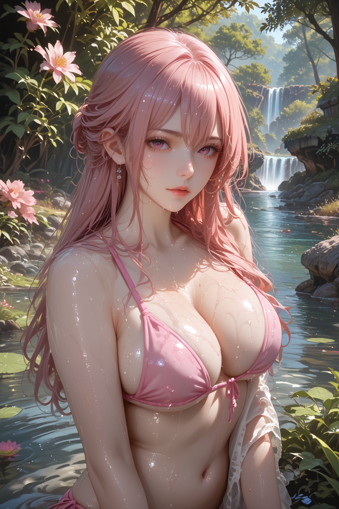 Hand,detailed,perfect,perfection,hands, yunxi , kxf, detailed background, detailed face, perfect eyes , score_9, score_8_up, score_7_up, score_6_up, sexy bikini, wet body, wet bikini, detailed background, fantastic lake, sakura forest, pink tone,