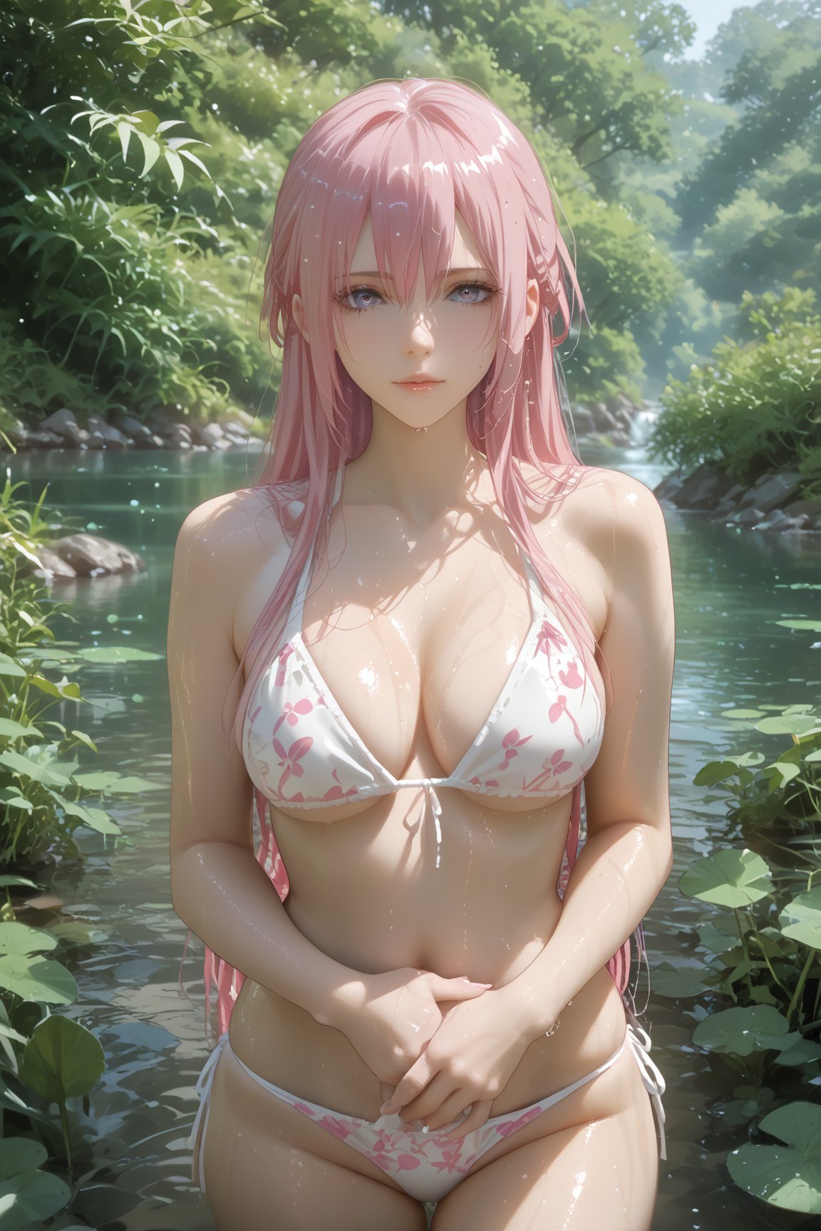 Hand,detailed,perfect,perfection,hands,skmr, kxf, detailed background, detailed face, perfect eyes , score_9, score_8_up, score_7_up, score_6_up, sexy bikini, wet body, wet bikini, detailed background, fantastic lake, sakura forest, pink tone,score_9, score_8_up, score_7_up, source_anime,