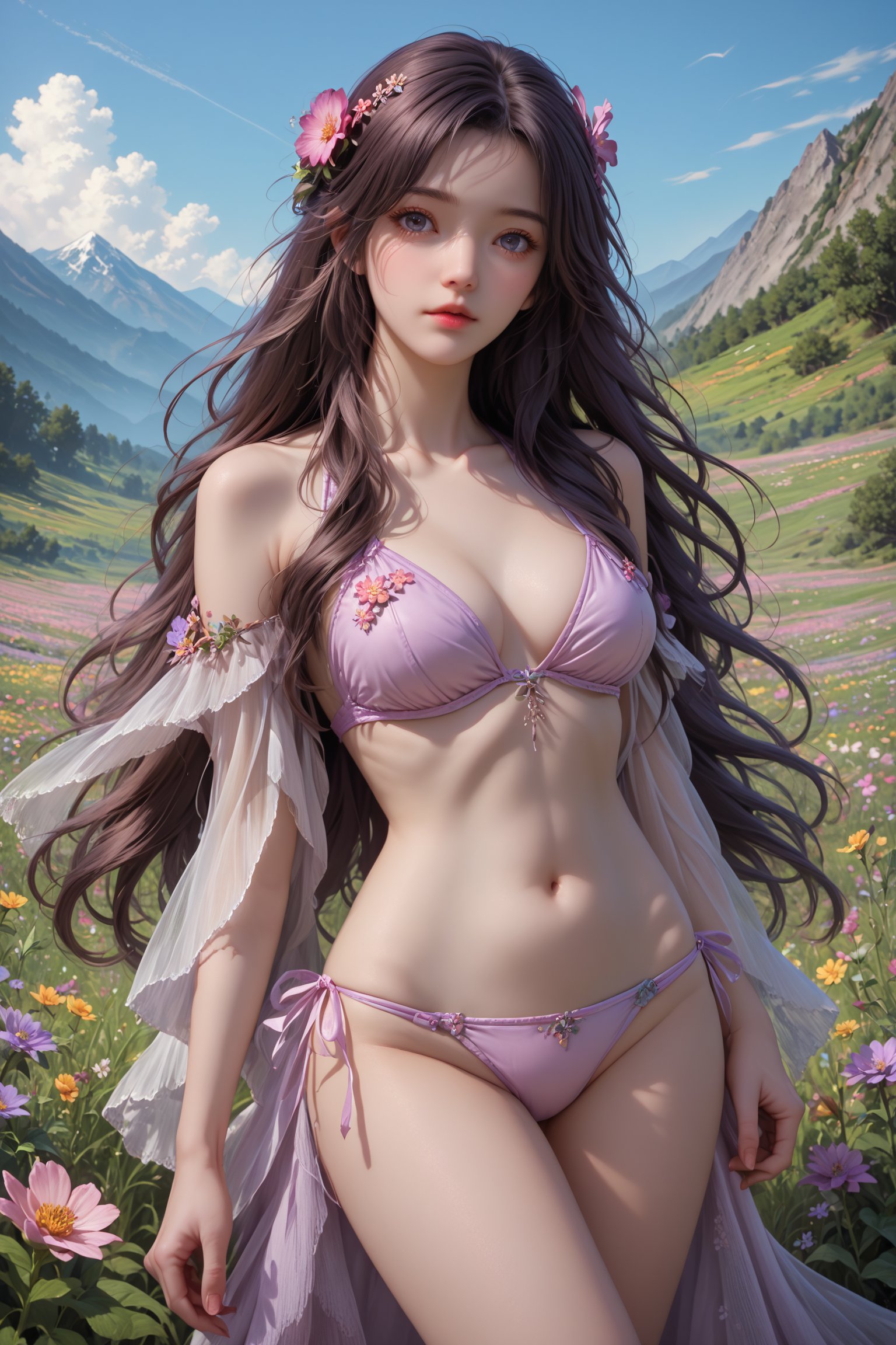 score_9, score_8_up, score_7_up,art,realism, yunxi, long hair, solo, 1 girl, long hair, sexy bikini, flower meadow, flowers blown away by the wind, sunny, mountains in the background, detailed background,yunxi