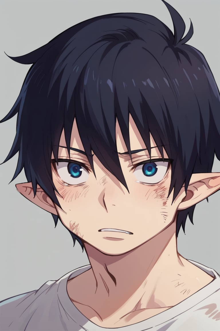 score_9, score_8_up, score_7_up, score_6_up, score_5_up, score_4_up, source_anime, BREAK, 1boy, male focus, rin_okumura, black hair, blue eyes, simple background, pointy ears