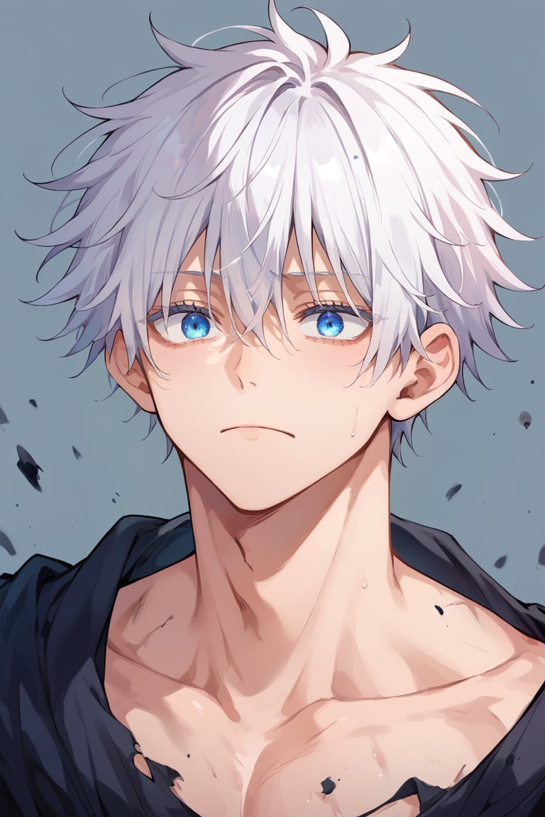 score_9, score_8_up, score_7_up, score_6_up, score_5_up, score_4_up, source_anime, BREAK, 1boy, male focus, satoru gojo, white hair, blue eyes, simple background,messy hair, short hair, hair between eyes, colored eyelashses