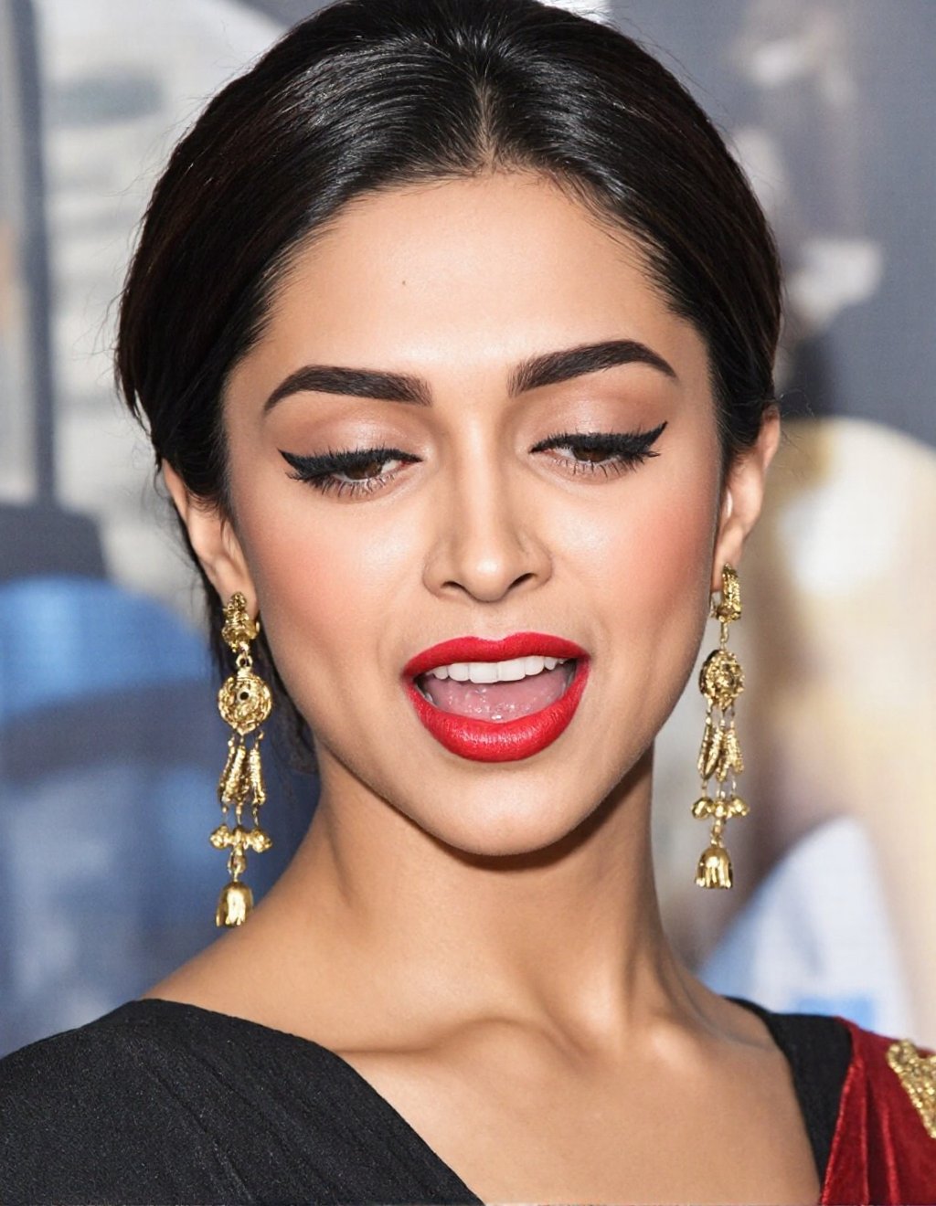 A close-up portrait of a woman with her face slightly tilted downward and to the right. Her eyes are half closed,  and her...
