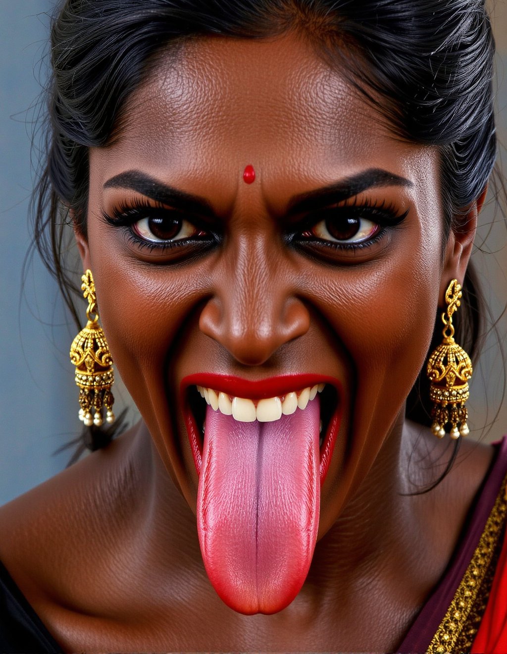 A close-up portrait of a ) woman with her face slightly tilted downward and to the right. Her eyes are wide open and water...