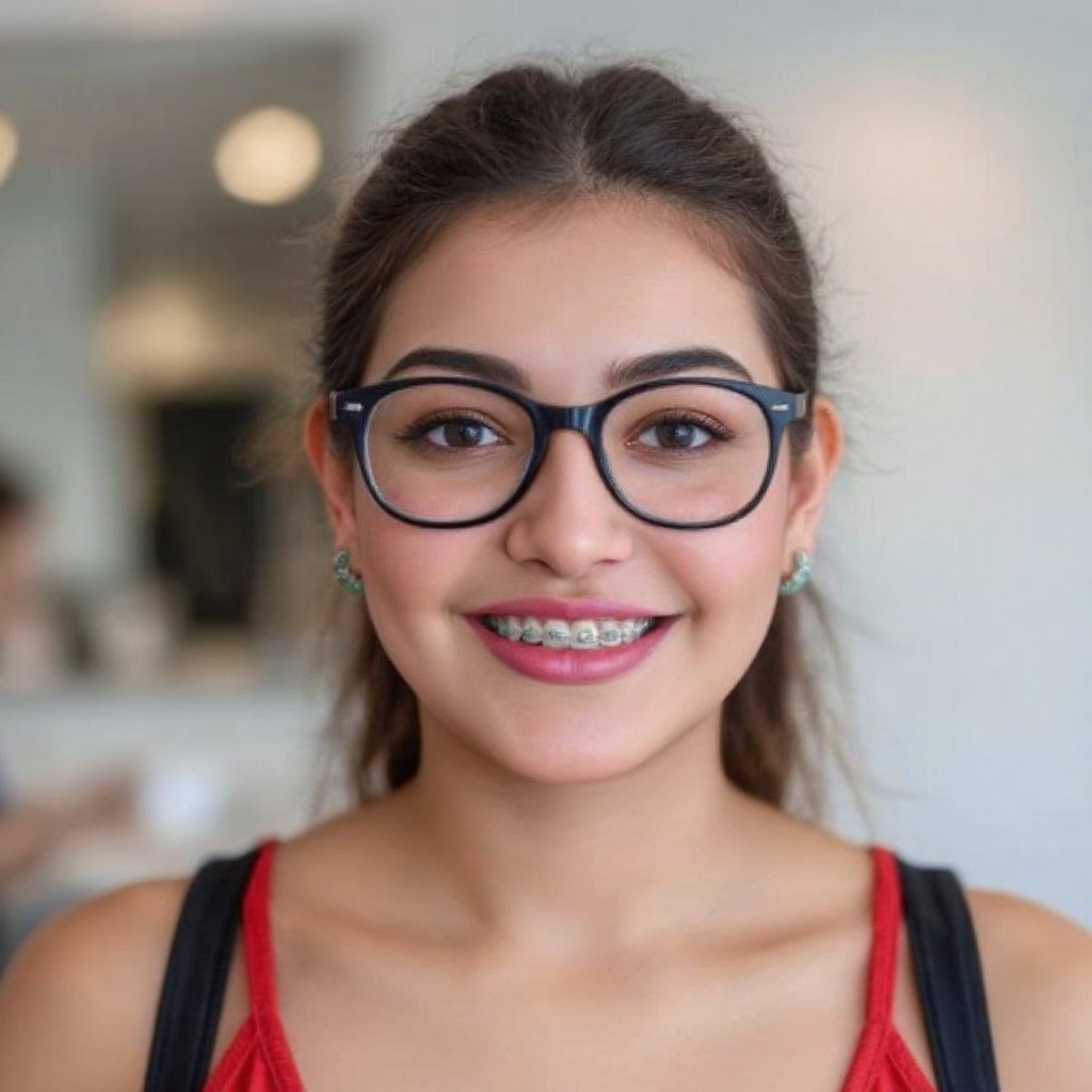Samantha with short pigtail hair,  full nerdy girl makeover,  getting styled into a very nerdy getup by uncontrolled lust...