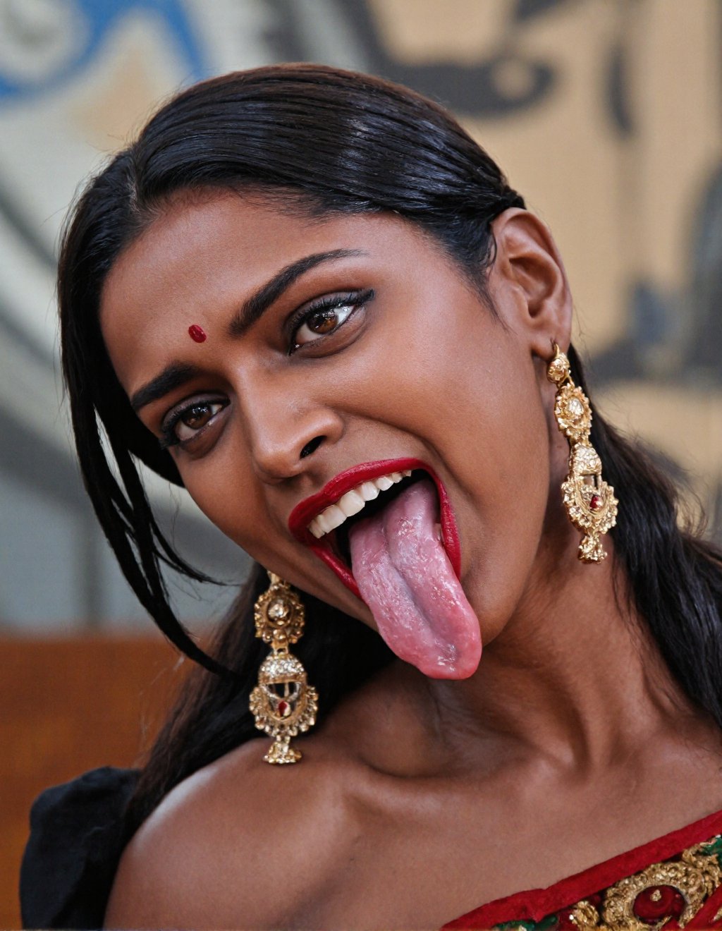 A close-up portrait of a ) woman with her face slightly tilted downward and to the right. Her eyes are wide open and water...