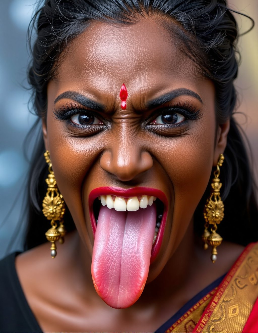 A close-up portrait of a ) woman with her face slightly tilted downward and to the right. Her eyes are wide open and water...