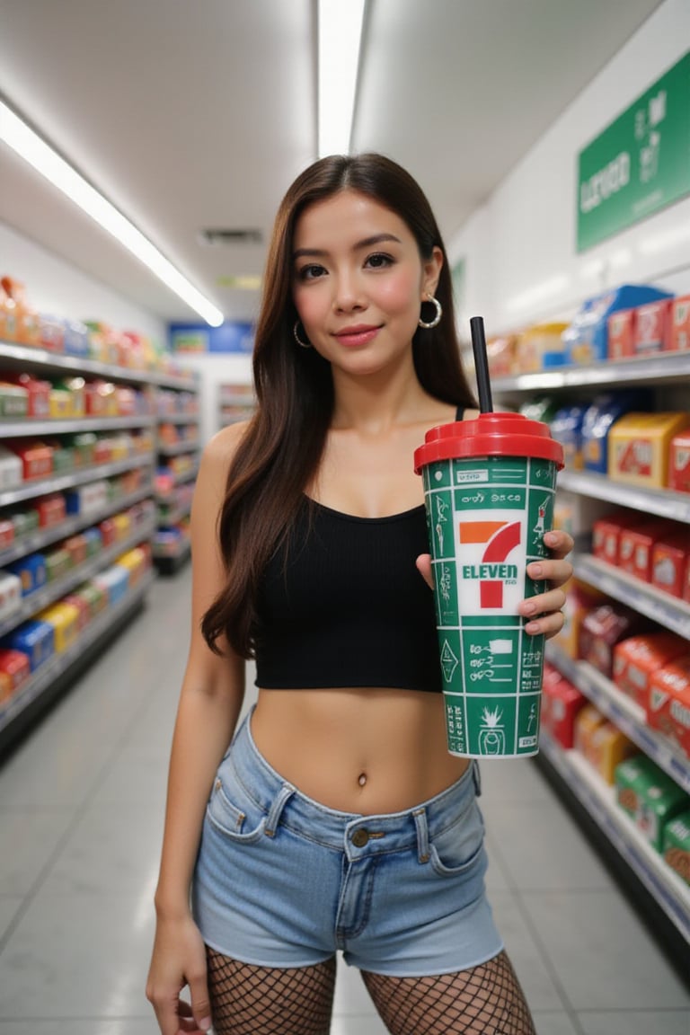 The image is a vibrant, high-resolution photograph taken in a brightly lit convenience store. The central subject is a young woman with long, dark brown hair and fair skin. She is dressed in a black, cropped top that reveals her midriff and a pair of tight, light blue denim shorts. She is wearing black fishnet stockings and has large hoop earrings. She is holding a large, bottle drink in her right hand, which has a black straw and a red plastic lid with the "7 Eleven" logo and text. 7-Eleven logo, featuring a white background with the number "7" in bold orange and the text "7-Eleven" in white. 
The cup's design includes a grid-like pattern with various geometric shapes and symbols in white and green, adding a modern and playful aesthetic. The rim of the cup is red, contrasting with the green body and providing a pop of color. 

The background is filled with shelves stocked with various snacks, chips, and other convenience store items. The shelves are organized neatly, with colorful packaging standing out against the white background. The ceiling features fluorescent lighting, and the floor is tiled in a light gray color. The overall atmosphere is modern and clean, typical of a well-maintained convenience store. The woman’s expression is neutral, and she is looking slightly to the left, away from the camera. The photograph captures a casual, everyday moment, highlighting the intersection of casual street style and convenience store culture.,711cup,eryshaemyra