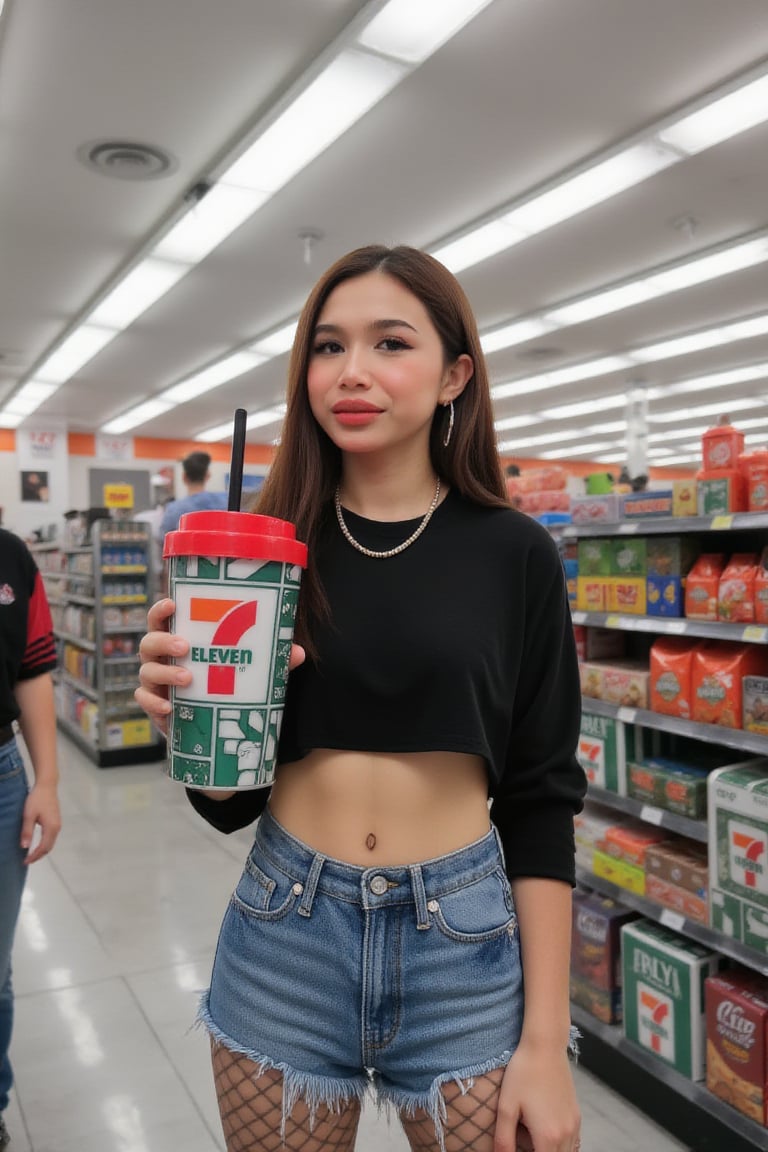 The image is a vibrant, high-resolution photograph taken in a brightly lit convenience store. The central subject is a young woman with long, dark brown hair and fair skin. She is dressed in a black, cropped top that reveals her midriff and a pair of tight, light blue denim shorts. She is wearing black fishnet stockings and has large hoop earrings. She is holding a large, bottle drink in her right hand, which has a black straw and a red plastic lid with the "7 Eleven" logo and text. 7-Eleven logo, featuring a white background with the number "7" in bold orange and the text "7-Eleven" in white. 
The cup's design includes a grid-like pattern with various geometric shapes and symbols in white and green, adding a modern and playful aesthetic. The rim of the cup is red, contrasting with the green body and providing a pop of color. 

The background is filled with shelves stocked with various snacks, chips, and other convenience store items. The shelves are organized neatly, with colorful packaging standing out against the white background. The ceiling features fluorescent lighting, and the floor is tiled in a light gray color. The overall atmosphere is modern and clean, typical of a well-maintained convenience store. The woman’s expression is neutral, and she is looking slightly to the left, away from the camera. The photograph captures a casual, everyday moment, highlighting the intersection of casual street style and convenience store culture.,711cup,imantroye