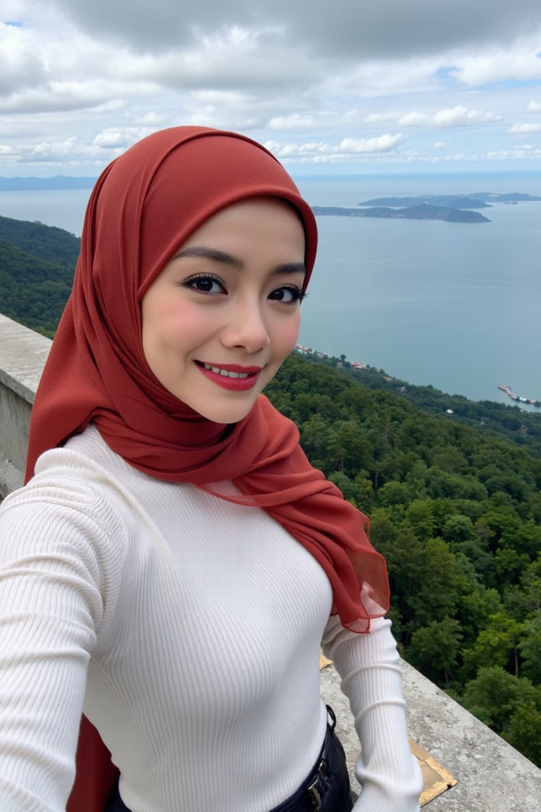 This is a high-resolution photograph featuring a young woman taking a selfie at an elevated viewpoint, likely a lookout or skywalk. The woman is of South Asian descent, with fair skin and a round face adorned with meticulously applied makeup, including bold, winged eyeliner and matte lipstick in a deep red shade. She wears a white, long-sleeve ribbed knit sweater ((extra tight)) and a voluminous, rich red hijab that flows gracefully around her, covering her head and shoulders. 

Her hijab is made of a lightweight, sheer fabric that allows for a soft, delicate texture contrasted against the knit sweater. She has a confident smile and is looking directly at the camera, capturing the moment with her right arm extended.

In the background, the scene extends to a breathtaking panoramic view of lush green forested hills and a vast body of water, likely a sea or lake, under a partly cloudy sky. The horizon is distant, with faint outlines of distant islands and the coastline. The overall mood of the image is serene and picturesque, highlighting both the beauty of nature and the woman's elegant attire.