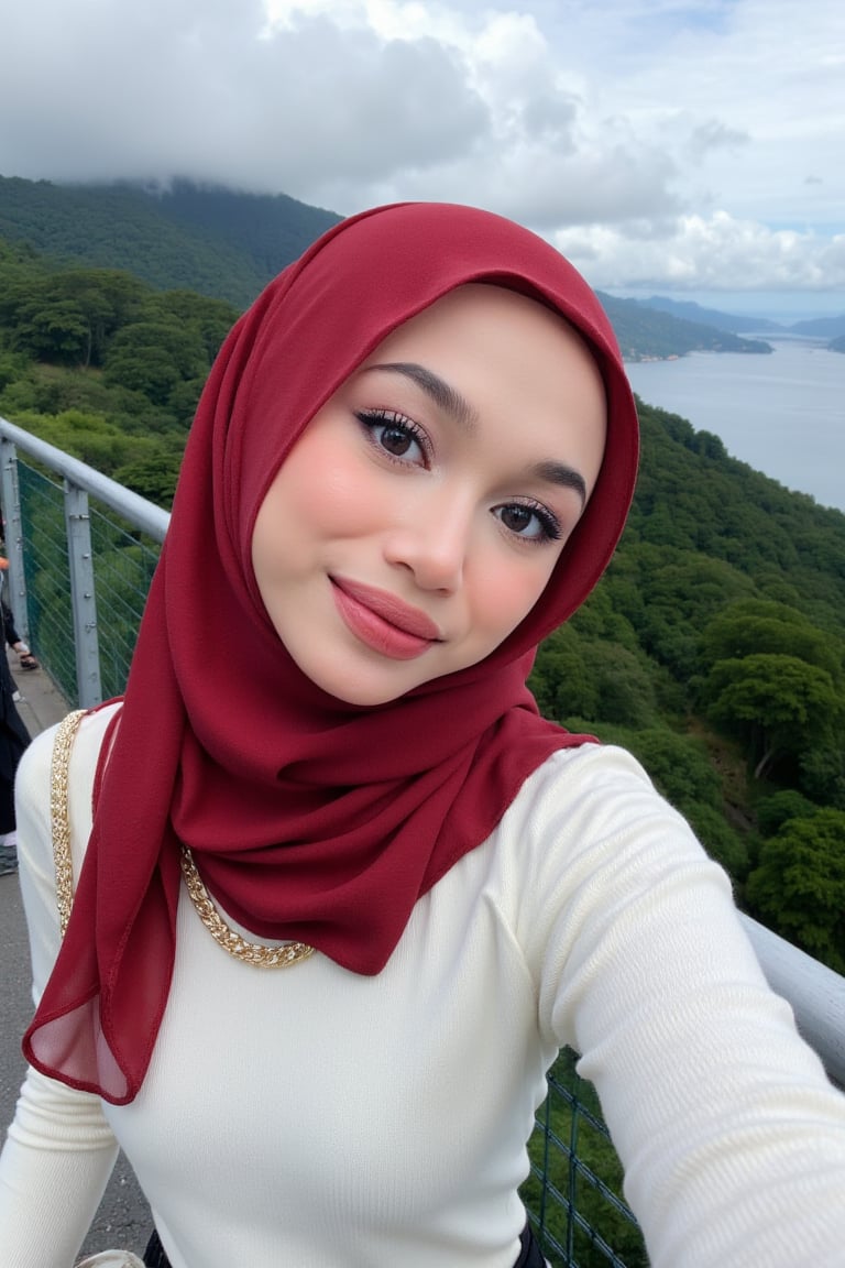 This is a high-resolution photograph featuring a young woman taking a selfie at an elevated viewpoint, likely a lookout or skywalk. The woman is of South Asian descent, with fair skin and a round face adorned with meticulously applied makeup, including bold, winged eyeliner and matte lipstick in a deep red shade. She wears a white, long-sleeve ribbed knit sweater ((extra tight)) and a voluminous, rich red hijab that flows gracefully around her, covering her head and shoulders. 

Her hijab is made of a lightweight, sheer fabric that allows for a soft, delicate texture contrasted against the knit sweater. She has a confident smile and is looking directly at the camera, capturing the moment with her right arm extended.

In the background, the scene extends to a breathtaking panoramic view of lush green forested hills and a vast body of water, likely a sea or lake, under a partly cloudy sky. The horizon is distant, with faint outlines of distant islands and the coastline. The overall mood of the image is serene and picturesque, highlighting both the beauty of nature and the woman's elegant attire.