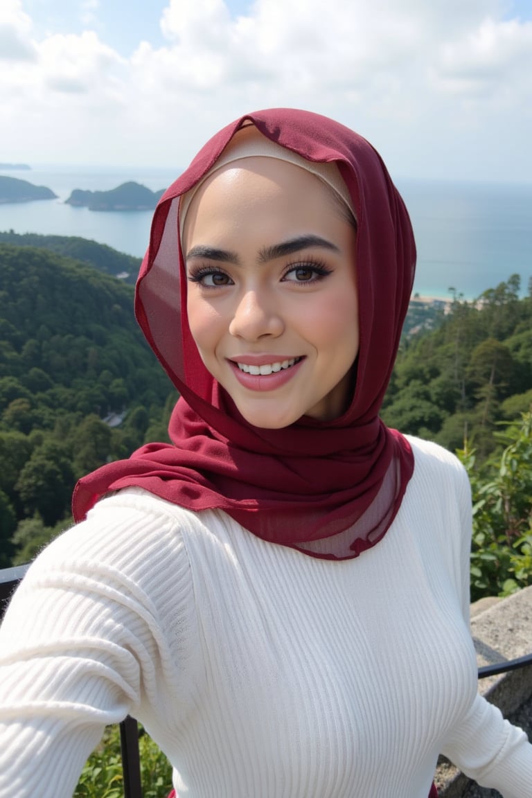 This is a high-resolution photograph featuring a young woman taking a selfie at an elevated viewpoint, likely a lookout or skywalk. The woman is of South Asian descent, with fair skin and a round face adorned with meticulously applied makeup, including bold, winged eyeliner and matte lipstick in a deep red shade. She wears a white, long-sleeve ribbed knit sweater ((extra tight)) and a voluminous, rich red hijab that flows gracefully around her, covering her head and shoulders. 

Her hijab is made of a lightweight, sheer fabric that allows for a soft, delicate texture contrasted against the knit sweater. She has a confident smile and is looking directly at the camera, capturing the moment with her right arm extended.

In the background, the scene extends to a breathtaking panoramic view of lush green forested hills and a vast body of water, likely a sea or lake, under a partly cloudy sky. The horizon is distant, with faint outlines of distant islands and the coastline. The overall mood of the image is serene and picturesque, highlighting both the beauty of nature and the woman's elegant attire.