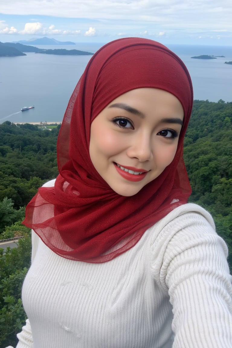 This is a high-resolution photograph featuring a young woman taking a selfie at an elevated viewpoint, likely a lookout or skywalk. The woman is of South Asian descent, with fair skin and a round face adorned with meticulously applied makeup, including bold, winged eyeliner and matte lipstick in a deep red shade. She wears a white, long-sleeve ribbed knit sweater ((extra tight)) and a voluminous, rich red hijab that flows gracefully around her, covering her head and shoulders. 

Her hijab is made of a lightweight, sheer fabric that allows for a soft, delicate texture contrasted against the knit sweater. She has a confident smile and is looking directly at the camera, capturing the moment with her right arm extended.

In the background, the scene extends to a breathtaking panoramic view of lush green forested hills and a vast body of water, likely a sea or lake, under a partly cloudy sky. The horizon is distant, with faint outlines of distant islands and the coastline. The overall mood of the image is serene and picturesque, highlighting both the beauty of nature and the woman's elegant attire.