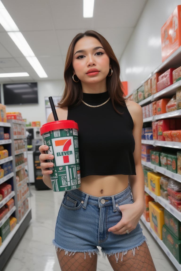 The image is a vibrant, high-resolution photograph taken in a brightly lit convenience store. The central subject is a young woman with long, dark brown hair and fair skin. She is dressed in a black, cropped top that reveals her midriff and a pair of tight, light blue denim shorts. She is wearing black fishnet stockings and has large hoop earrings. She is holding a large, bottle drink in her right hand, which has a black straw and a red plastic lid with the "7 Eleven" logo and text. 7-Eleven logo, featuring a white background with the number "7" in bold orange and the text "7-Eleven" in white. 
The cup's design includes a grid-like pattern with various geometric shapes and symbols in white and green, adding a modern and playful aesthetic. The rim of the cup is red, contrasting with the green body and providing a pop of color. 

The background is filled with shelves stocked with various snacks, chips, and other convenience store items. The shelves are organized neatly, with colorful packaging standing out against the white background. The ceiling features fluorescent lighting, and the floor is tiled in a light gray color. The overall atmosphere is modern and clean, typical of a well-maintained convenience store. The woman’s expression is neutral, and she is looking slightly to the left, away from the camera. The photograph captures a casual, everyday moment, highlighting the intersection of casual street style and convenience store culture.,711cup,imantroye