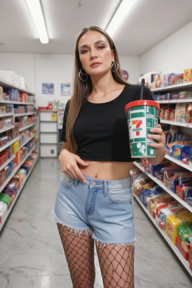 The image is a vibrant, high-resolution photograph taken in a brightly lit convenience store. The central subject is a young woman with long, dark brown hair and fair skin. She is dressed in a black, cropped top that reveals her midriff and a pair of tight, light blue denim shorts. She is wearing black fishnet stockings and has large hoop earrings. She is holding a large, bottle drink in her right hand, which has a black straw and a red plastic lid with the "7 Eleven" logo and text. 7-Eleven logo, featuring a white background with the number "7" in bold orange and the text "7-Eleven" in white. 
The cup's design includes a grid-like pattern with various geometric shapes and symbols in white and green, adding a modern and playful aesthetic. The rim of the cup is red, contrasting with the green body and providing a pop of color. 

The background is filled with shelves stocked with various snacks, chips, and other convenience store items. The shelves are organized neatly, with colorful packaging standing out against the white background. The ceiling features fluorescent lighting, and the floor is tiled in a light gray color. The overall atmosphere is modern and clean, typical of a well-maintained convenience store. The woman’s expression is neutral, and she is looking slightly to the left, away from the camera. The photograph captures a casual, everyday moment, highlighting the intersection of casual street style and convenience store culture.,711cup,eryshaemyra