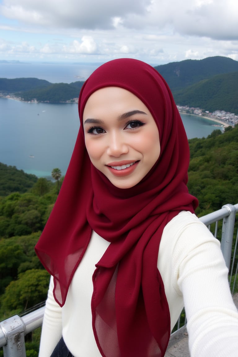 This is a high-resolution photograph featuring a young woman taking a selfie at an elevated viewpoint, likely a lookout or skywalk. The woman is of South Asian descent, with fair skin and a round face adorned with meticulously applied makeup, including bold, winged eyeliner and matte lipstick in a deep red shade. She wears a white, long-sleeve ribbed knit sweater ((extra tight)) and a voluminous, rich red hijab that flows gracefully around her, covering her head and shoulders. 

Her hijab is made of a lightweight, sheer fabric that allows for a soft, delicate texture contrasted against the knit sweater. She has a confident smile and is looking directly at the camera, capturing the moment with her right arm extended.

In the background, the scene extends to a breathtaking panoramic view of lush green forested hills and a vast body of water, likely a sea or lake, under a partly cloudy sky. The horizon is distant, with faint outlines of distant islands and the coastline. The overall mood of the image is serene and picturesque, highlighting both the beauty of nature and the woman's elegant attire.