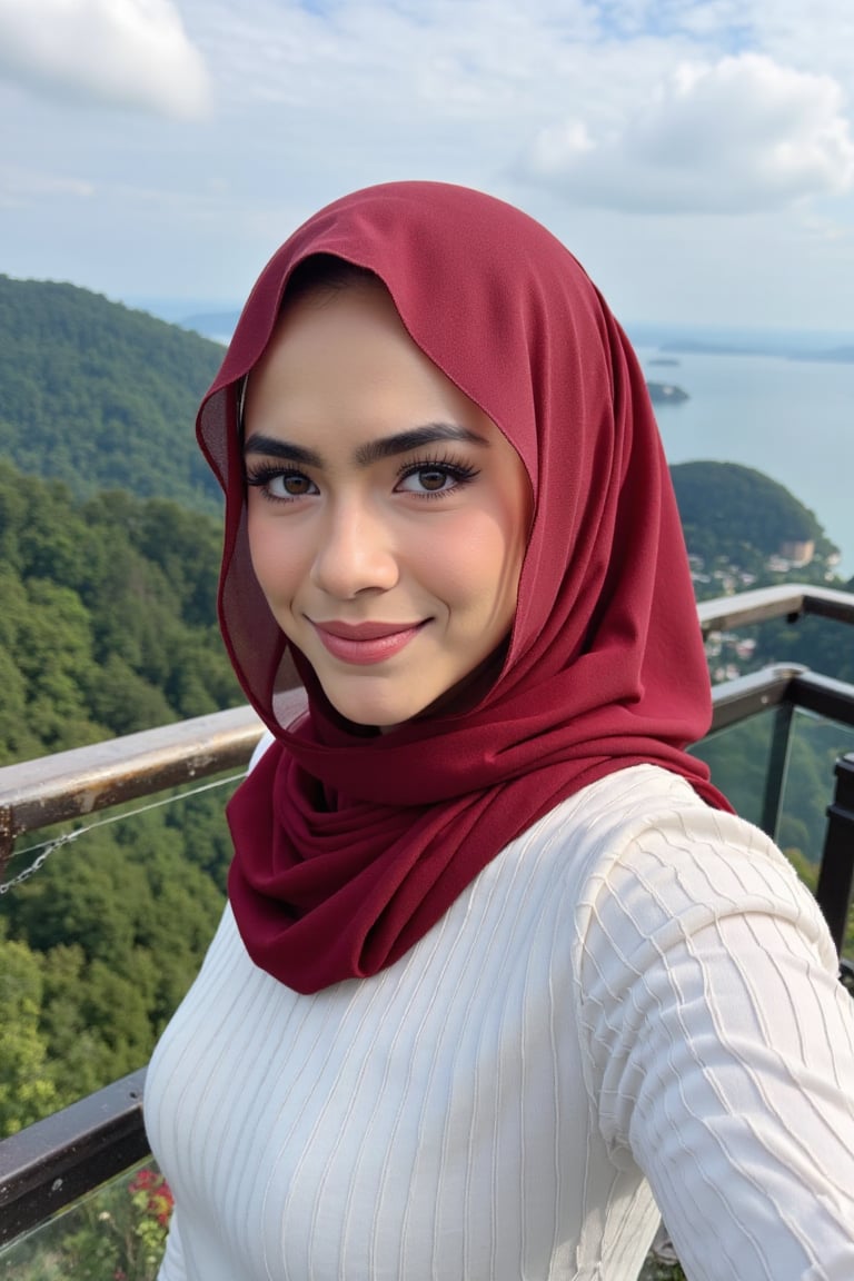 This is a high-resolution photograph featuring a young woman taking a selfie at an elevated viewpoint, likely a lookout or skywalk. The woman is of South Asian descent, with fair skin and a round face adorned with meticulously applied makeup, including bold, winged eyeliner and matte lipstick in a deep red shade. She wears a white, long-sleeve ribbed knit sweater ((extra tight)) and a voluminous, rich red hijab that flows gracefully around her, covering her head and shoulders. 

Her hijab is made of a lightweight, sheer fabric that allows for a soft, delicate texture contrasted against the knit sweater. She has a confident smile and is looking directly at the camera, capturing the moment with her right arm extended.

In the background, the scene extends to a breathtaking panoramic view of lush green forested hills and a vast body of water, likely a sea or lake, under a partly cloudy sky. The horizon is distant, with faint outlines of distant islands and the coastline. The overall mood of the image is serene and picturesque, highlighting both the beauty of nature and the woman's elegant attire.