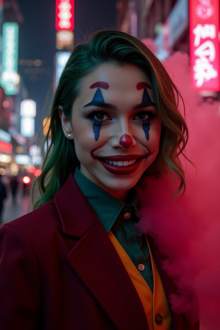 Art of a joker Joker's twisted grin wearing her ((makeup face:1.3)),  her suit, red smoke , her ((green hair:1.3)), dark night, ((neon light city)), cyberpunk realistic city background 