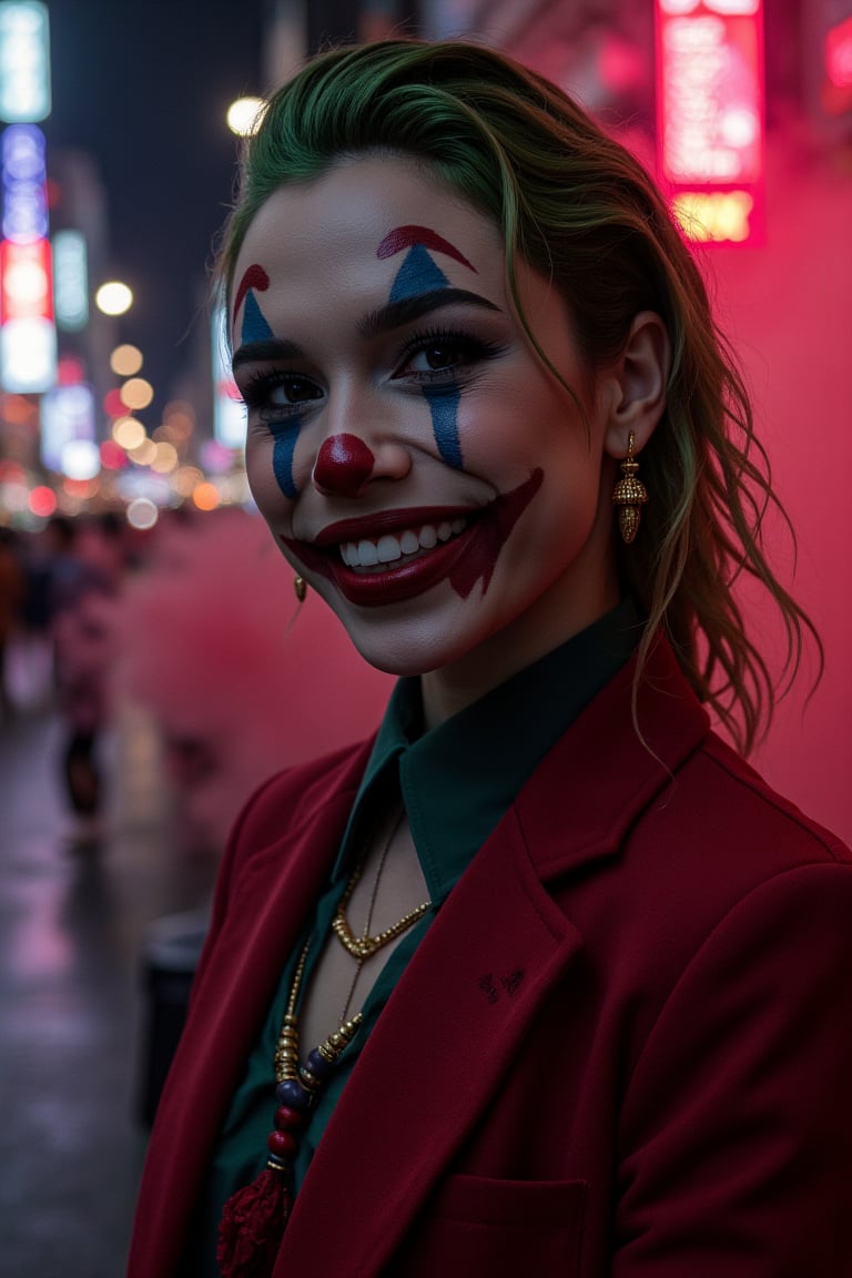 Art of a joker Joker's twisted grin wearing her ((makeup face:1.3)),  her suit, red smoke , her ((green hair:1.3)), dark night, ((neon light city)), cyberpunk realistic city background 