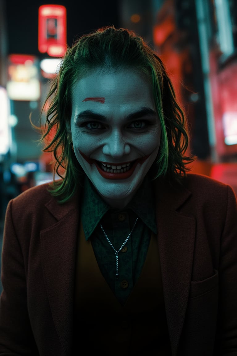 Art of a joker Joker's twisted grin wearing her ((makeup face:1.3)),  her suit, red smoke , her ((green hair:1.3)), dark night, ((neon light city)), cyberpunk realistic city background 