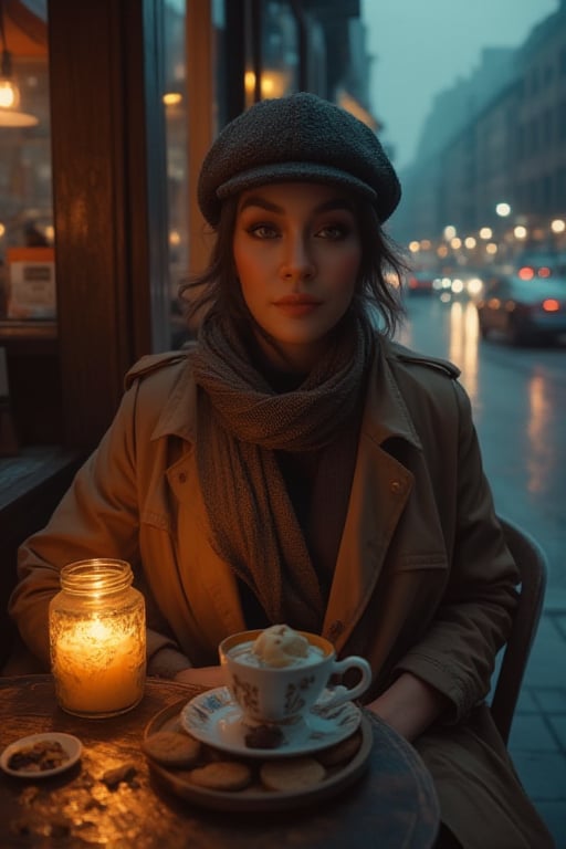 Moody cityscape at dusk, rain-soaked streets glisten in soft lighting, misty veil shrouding the scene. Sultry woman sits poised outside cozy coffee café, wrapped in warm glow from candle glass jar and wooden accents framing her enigmatic presence. She wears a scarf, flat cap, trench coat, inside high-neck shirt amidst rustic table setting with delicate cups and saucers filled with a few of cookies and chocolate, porcelain skin glowing beneath.