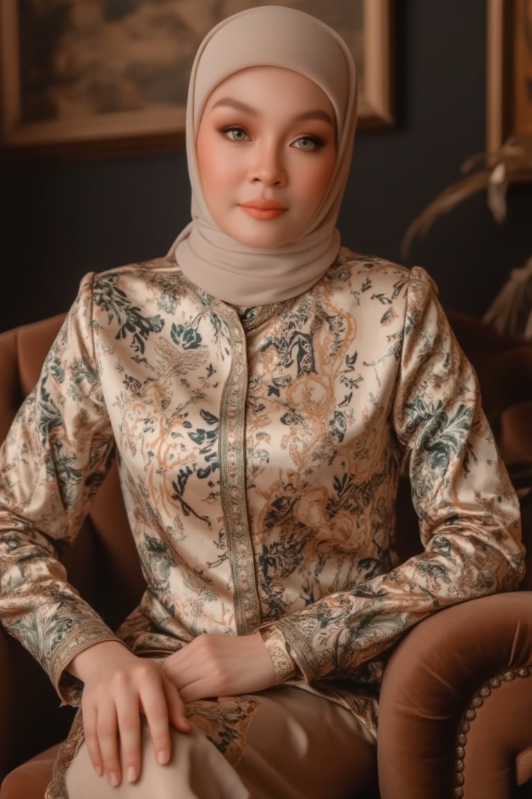 An extremely close-up shot of an ethereal portrait captures the radiant skin and exquisite makeup of a Malay woman. The camera focuses on her ultra-wide front view, showcasing hyperrealistic details in high resolution. She wears elegant attire: a long skirt and satin blouse adorned with batik patterns. Her intricately folded hijab sits politely on a velvet sofa, as she sits gracefully, exuding poised elegance.