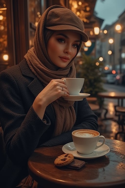 A sultry woman, styled in a scarf and flat cap, sits poised outside a cozy coffee café at dusk on a rain-soaked city street. She sips hot steaming coffee from a delicate cup and saucer filled with a few pieces of cookies and chocolate, her porcelain skin illuminated by soft lighting that casts a warm glow. The camera frames her enigmatic presence amidst rich wood tones, deep shadows dancing across her skin, as the moody urban backdrop exudes cultural charm and contemporary style against the rain-soaked city street's dark ambiance.